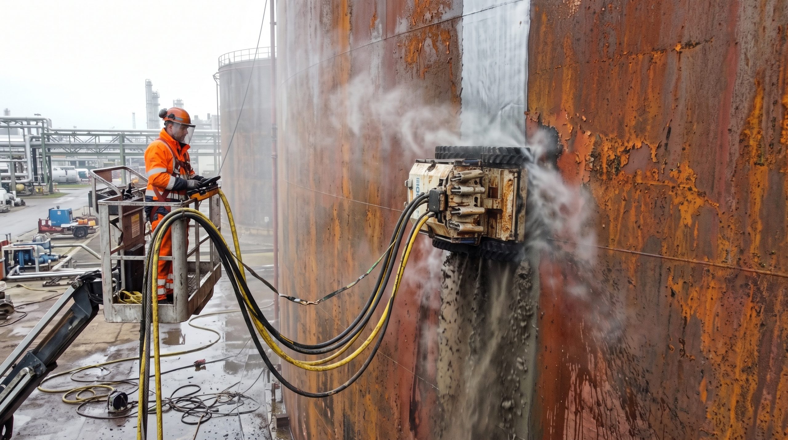 Automated magnetic crawler robot removing thick rust from an industrial storage tank using ultra-high-pressure water jetting