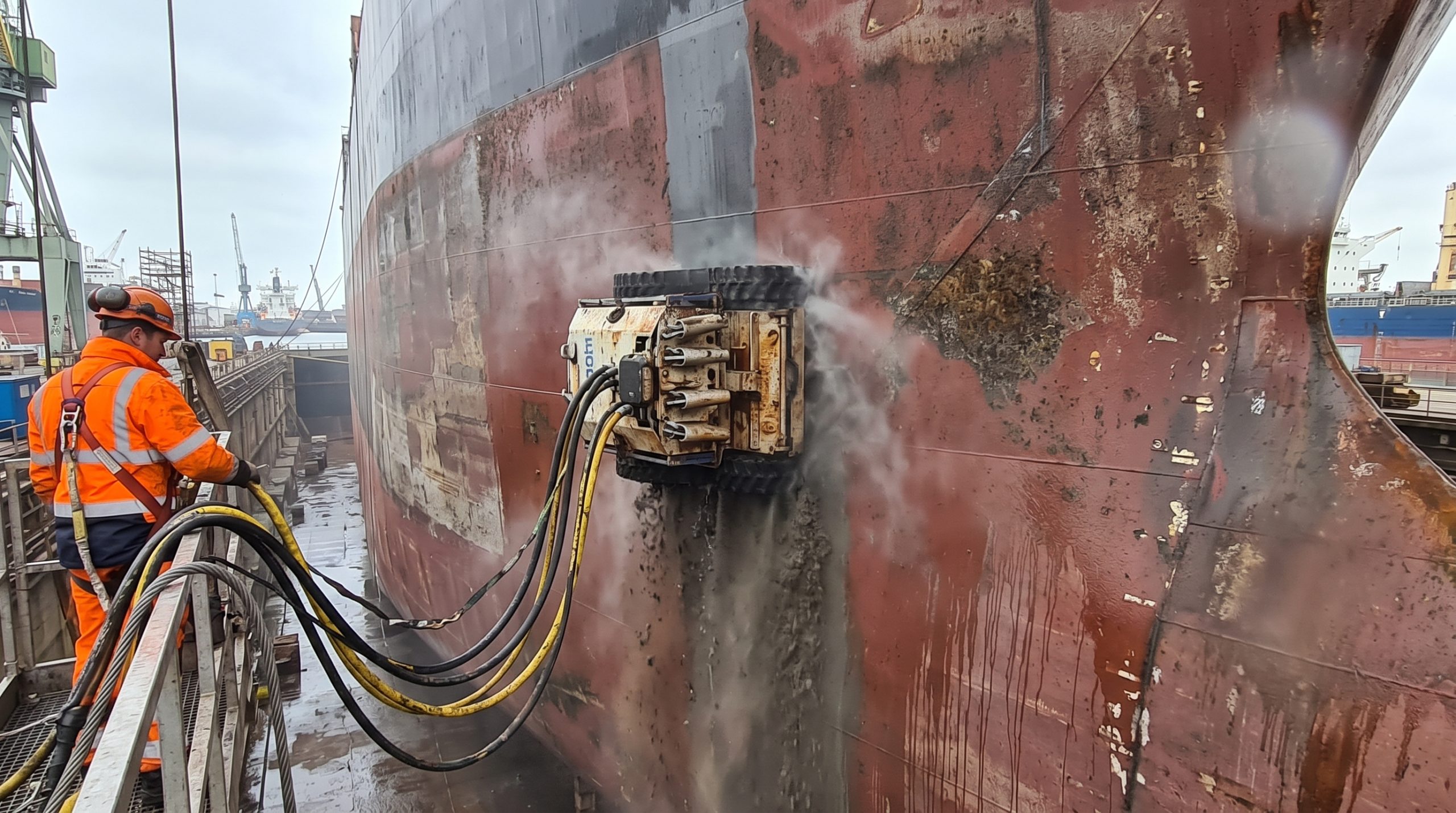 High-Pressure Ship Hull Cleaning with Crawler Robot removing biofouling