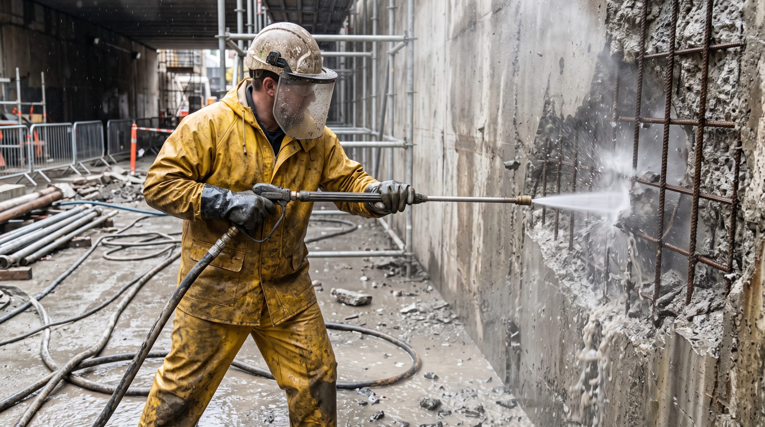 High-Pressure Water Concrete Restoration and Hydrodemolition exposing rebar